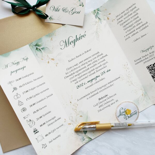 Greenery Esküvői Meghívó – Arany Leveles Elegancia